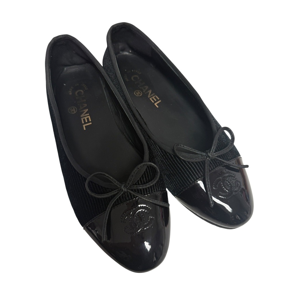 CHANEL Bow Ballet Flats Women 38C Black Corduroy Patent Leather Velvet Timeless